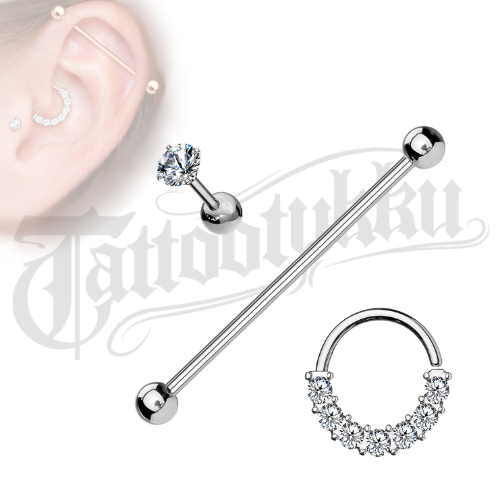 3 kpl Industrial Barbell & Cartilage Korusetti &ndash; 316L Ter&auml;s / CZ Kristalli